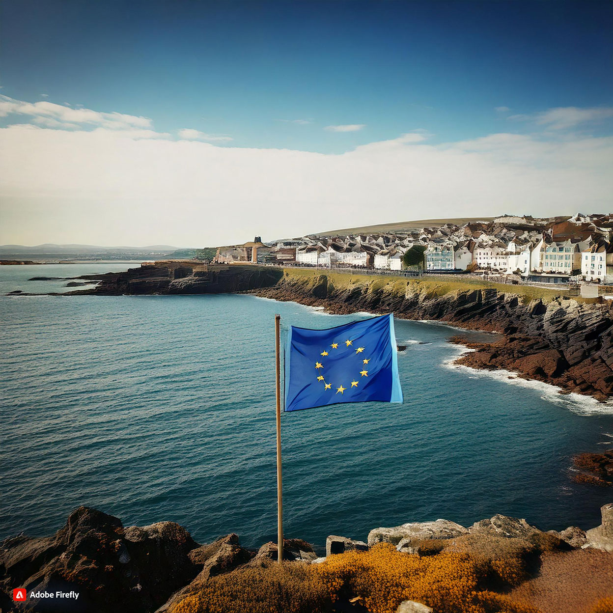 Eine malerische Küstenlandschaft mit einer EU-Flagge im Vordergrund, die auf einem Felsen weht. Im Hintergrund liegen weiße Häuser entlang einer Klippe, die sich bis zum Horizont erstreckt. Das ruhige Meer schimmert unter einem klaren blauen Himmel.