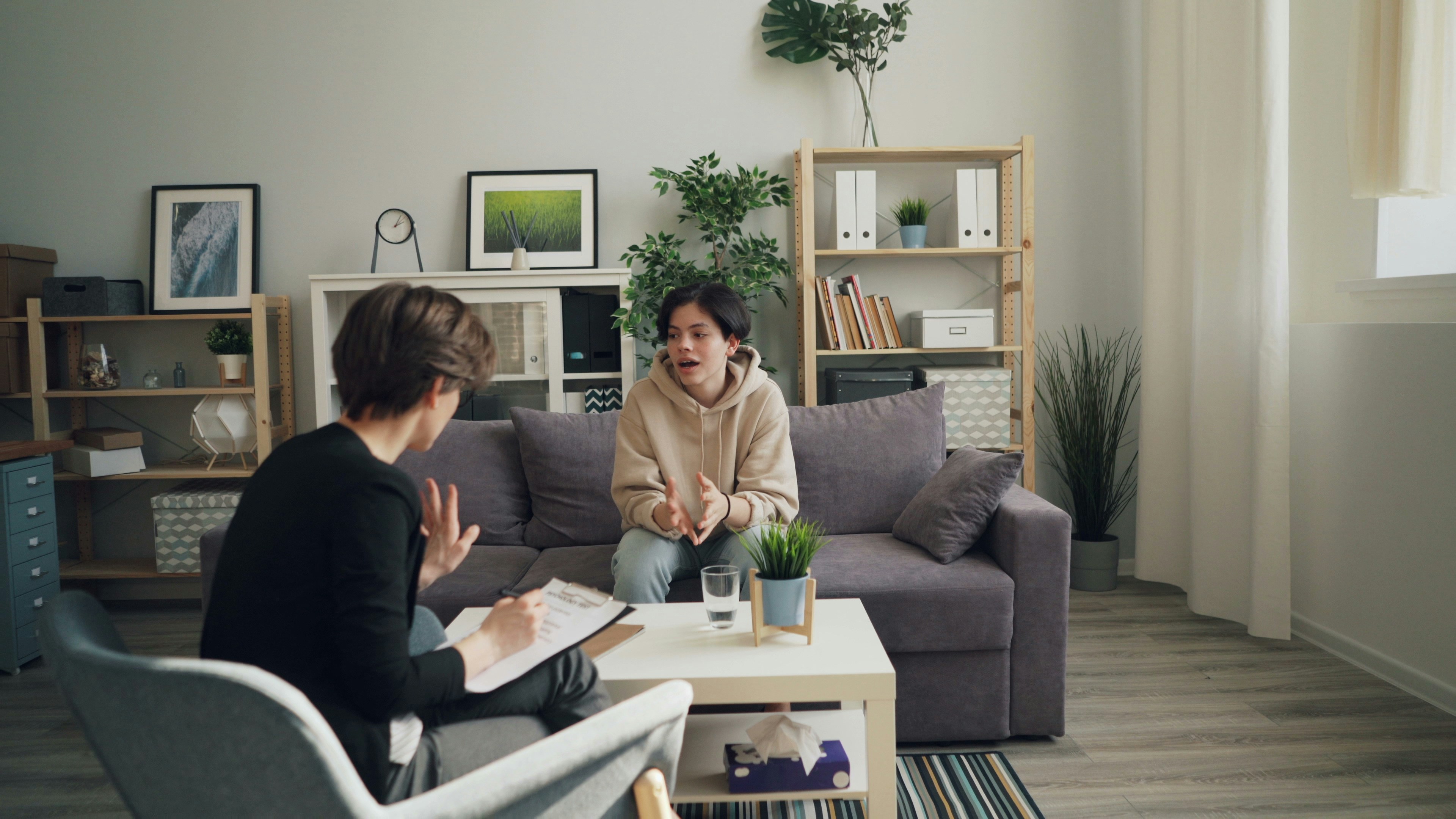 Zwei Personen sitzen sich in einem Raum gegenüber. Die eine Person sitzt auf dem Sofa. Sie trägt einen hellen Hoodie und ist noch jung. Die Person spricht und gestikuliert mit den Händen. Die andere Person sitzt ihr gegenüber in einem Sessel. Sie hat eine Hand erhoben und macht mit der anderen Hand Notizen.