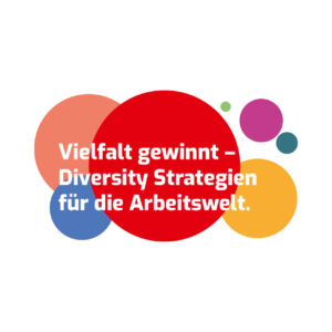 Projektlogo Vielfalt gewinnt. Vor vielen bunten Kreisen steht Vielfalt gewinnt - Diversity Strategien für die Arbeitswelt