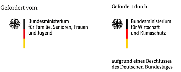 Zwei Föderlogos mit Bundesadler. Über dem ersten steht Gefördert vom Bundesministerium für Familie, Senioren, Frauen und Jugend. Über dem Zweiten steht Gefördert durch Bundesministerium für Wirtschaft und Klimaschutz aufgrund eines Beschlusses des Deutschen Bundestages