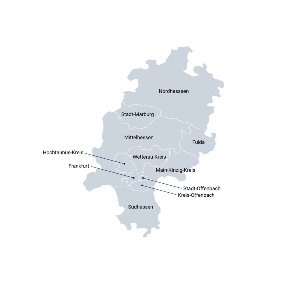 Eine Karte des Bundeslandes Hessen, auf der die zehn regionalen AGen markiert sind