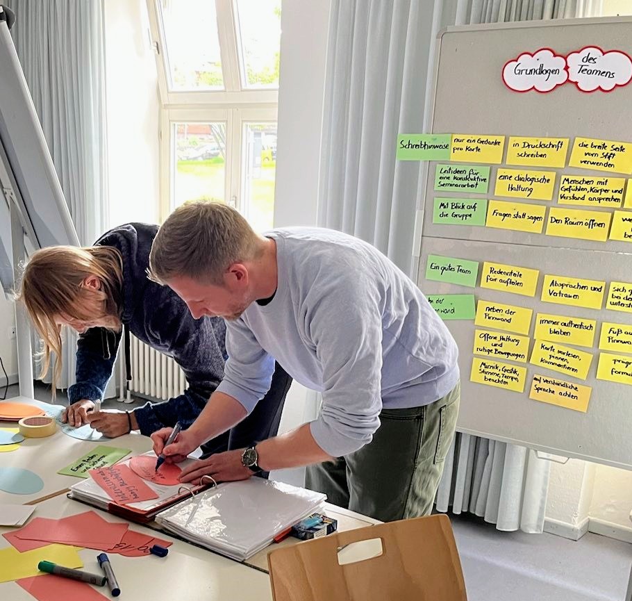 Zwei Personen arbeiten gemeinsam an einem Tisch und schreiben auf bunte Karten. Im Hintergrund steht eine Pinnwand mit Notizzetteln und dem Titel „Grundlagen des Teamens“.